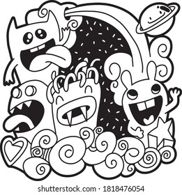 Funny monsters Cute  for coloring book. Black and white background. Vector illustration