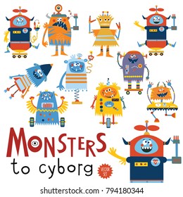 funny monsters cyborgs set vector