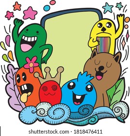 Divertidos monstruos Doodle Cute. de fondo. Tarjeta de memoria..Ilustración vectorial