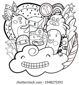 Funny monsters Doodle Cute background. Vector Black and white illustration