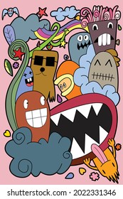Hunde Monster Doodle Cute Hintergrund. Vektorgrafik