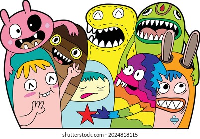 Funny monsters Doodle Cute background. Vector illustration