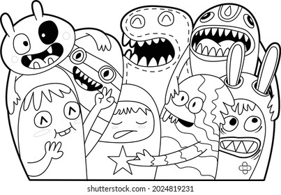 Funny monsters Doodle Cute background. coloring book Vector illustration