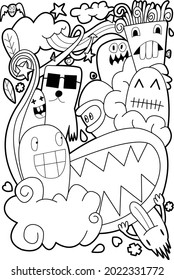 Funny monsters Doodle Cute background.Coloring book Vector illustration