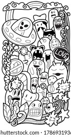 Funny Monsters Doodles, black and white background