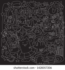 Funny monsters doodles circle shape Black backdrop .  illustration