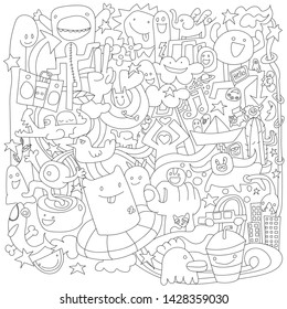 Divertidos monstruos garabatos patrón de forma de círculo para colorear libro. ilustración