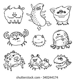 Funny monsters drawn a line on a white background. Vector Crank, sketch, child's drawing