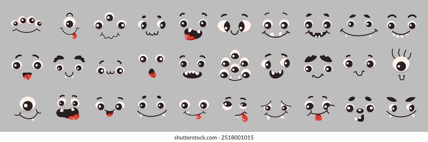 Funny monsters facial expression flat color vector icon set