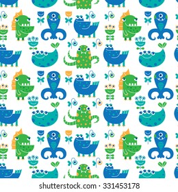 Funny monsters with fantastic flowers on a white background. Cartoon seamless pattern for childish design. Seamless pattern can be used for background, surface textures, wallpaper, pattern fills.