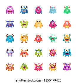 Funny Monsters Flat Vector Icons Set