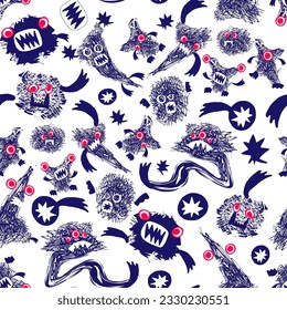 Funny monsters hand-drawn in free style of childrens drawing. Vector illustration