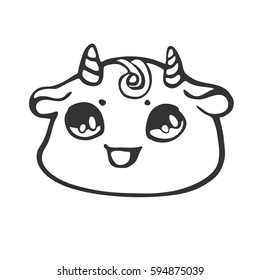 Funny monsters head with horns, small hanging ears, hair curl/Vector illustration for design, stencil, print on t-shirt, bag, notebook, card