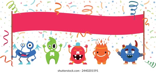 Funny monsters hold empty banner. Holiday party template