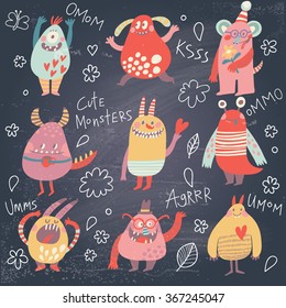 Funny monsters. Lovely monster set for children designs. Sweet smiling creatures in warm colors in vector. Awesome childish collection