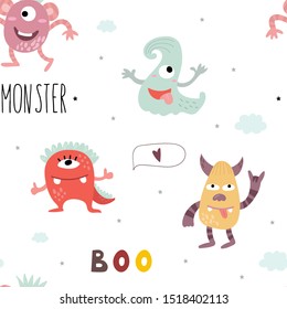 Funny monsters. Lovely seamless pattern for children designs. Sweet smiling creatures in bright colors in vector. Awesome childish background