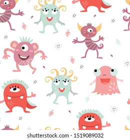 Funny monsters. Lovely seamless pattern for children designs. Sweet smiling creatures in bright colors in vector. Awesome childish background