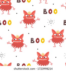 Funny monsters. Lovely seamless pattern for children designs. Sweet smiling creatures in bright colors in vector. Awesome childish background