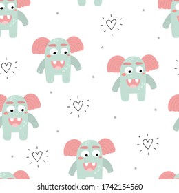 Funny monsters. Lovely seamless pattern for children designs. Sweet smiling creatures in bright colors in vector. Awesome childish background