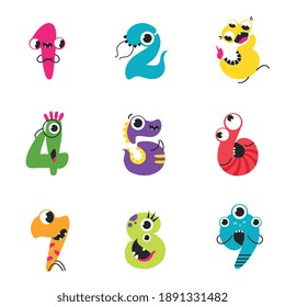 Funny Monsters Numbers Set, Cute Fantasy Colorful Creatures in the Shape of Numerals, Mathematics, Learning Material for Kids Cartoon Style Vector Illustration