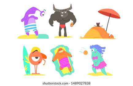 Funny Monsters on Beach Set, Cute Happy Mutants Sunbathing, Playing Volleyball, Surfing Vector Illustration