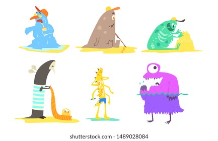 Funny Monsters on Beach Set, Cute Happy Mutants Making Sandcastle, Sunbathing, Having Fun Vector Illustration