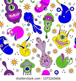 funny monsters on a seamless background. Cute funny monsters vector illustration of bright colors. children's theme