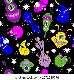 funny monsters on a seamless background. Cute funny monsters vector illustration of bright colors. children theme
