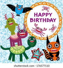 Funny monsters party card design. vector