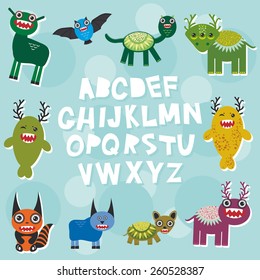 Funny monsters party card design. alphabet  from A to Z. Vector 