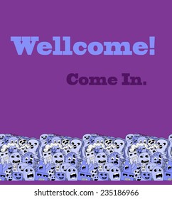 Funny monsters pattern border on violet background. Vector illustration.