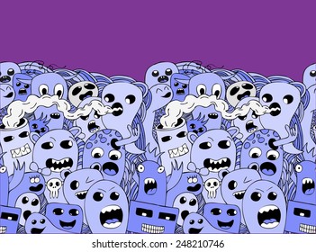 Funny monsters pattern border on violet background. Vector illustration.