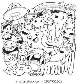 Funny monsters pattern for coloring book. black and white background