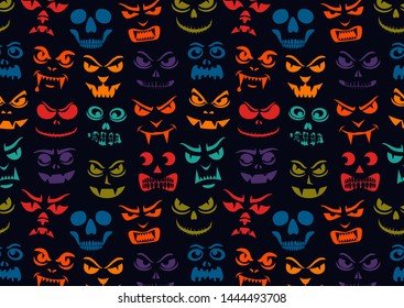 Funny monsters pattern. Halloween pumpkins carved faces silhouettes. Holiday cartoon characters background. Vampires, skeletons, demons stencil. Kids scrapbook digital paper, textile print