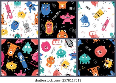 Funny monsters pattern. Kids colorful repeated elements, comic halloween characters, cute fairy creatures, vector seamless backgrounds