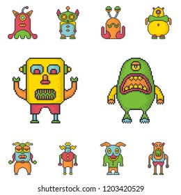 Funny monsters pixel art style vector icons set.