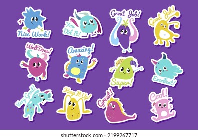 Funny monsters rewards smileys motivational phrase stickers set vector illustration. Cute humor Halloween childish creatures inspirational motto well done excellent great super you did it emblems