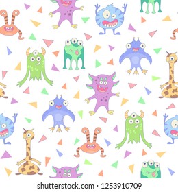 Funny monsters. Seamless pattern in cartoon style. Vector illustration