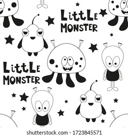 Funny Monsters Seamless pattern - Cartoon Aliens. Black and White Space background. Monochrome Vector Illustration. BW Print for Wallpaper, Baby Clothes, Greeting Card, Wrapping Paper.