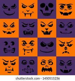 Funny monstruos sin fisuras. Las calabazas de Halloween se tallaron en siluetas de caras. Vampiros, esqueletos, esténcil de demonios. Papel tapiz de personajes de caricaturas de vacaciones. Papel digital para niños, papel textil, relleno de página