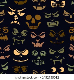 Funny monsters seamless pattern. Halloween pumpkins carved faces silhouettes. Holiday cartoon characters background. Vampires, skeletons, demons stencil. Kids scrapbook digital paper, textile print