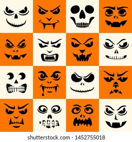 Funny monsters seamless pattern. Halloween pumpkins carved faces silhouettes. Vampires, skeletons, demons stencil. Holiday cartoon characters wallpaper. Kids digital paper, textile print, page fill