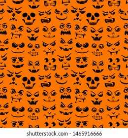 Funny monsters seamless pattern. Halloween pumpkins carved faces silhouettes. Holiday cartoon characters background. Vampires, skeletons, demons stencil. Kids scrapbook digital paper, textile print