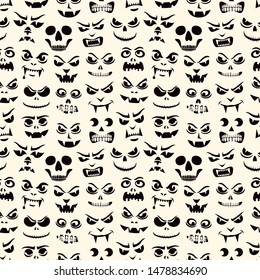 Funny monsters seamless pattern. Halloween pumpkins carved faces silhouettes. Holiday cartoon characters background. Vampires, skeletons, demons stencil. Kids scrapbook digital paper, textile print