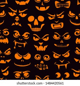 Funny monsters seamless pattern. Halloween pumpkins carved faces silhouettes. Holiday cartoon characters background. Vampires, skeletons, demons stencil. Kids scrapbook digital paper, textile print
