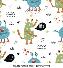 Funny monsters seamless pattern with lettering. Color kids vector illustration in scandinavian style.