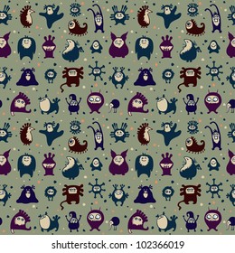 Funny monsters seamless pattern, on green background.