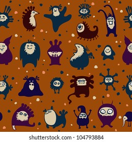 Funny monsters seamless pattern, on green background.