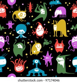 Funny monsters seamless pattern, on black background