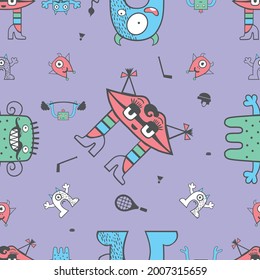 ¡Monstruos divertidos! Patrones sin foco con monstruos lindos y sus cachorros. Se pueden utilizar para tejidos para niños, creatividad, papel de embalaje.